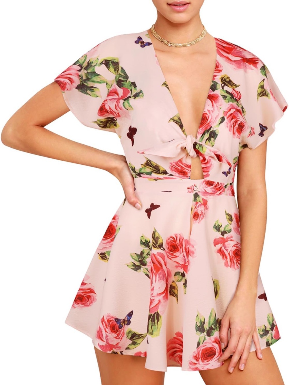 AGQT Pink Rose Butterfly Romper Sexy Coquette Y2K Floral Medium